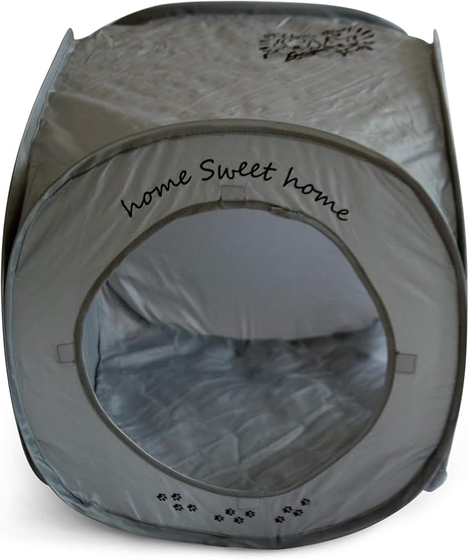 Feline Ruff Home Sweet Home Pop Up Cat Cube. A Collapsible Indoor Cat House. Covered Pet Bed Hideaway Cave for Dogs and Other Pets Too. (Pop Up Cube- Gray)