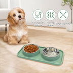 BNOSDM Double Dog Food Bowls Stainless Steel Dog Food and Water Bowls with Non-Spill Plastic Mat Pet Cat Feeder Bowl Set for Puppy Cats Kitten Small Medium Dogs Green