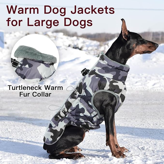 Dog Coat Dog Winter Jacket-3X Large, Warm Dog Coat Zip Up Snowsuit Dog Harness Vest Reflective Water-Resistant Dog Coat Dog Snow Jacket for Large Dogs Labrador, Huskyn, Grey-Camouflage