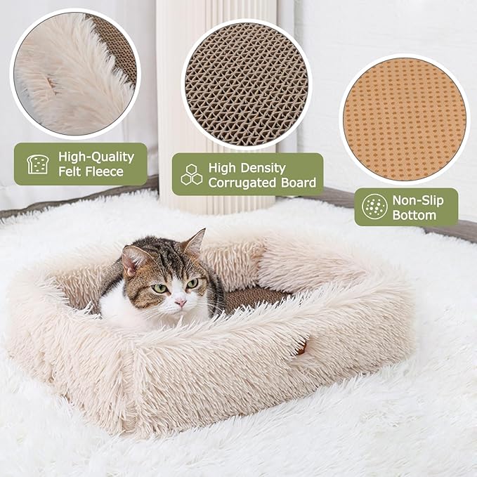 Fluffy Cat Scratcher Lounge Box with Removable Cardboard,Cat Rectangular Bed with Corrugated Board, Pet Scratching Pad for Furniture Protection, Training Toy (Beige)