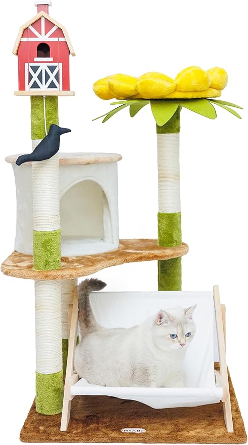 HYABi 46.6 Inch Tall Flower Cat Tree Tower Condo Climbing for Indoor Cats Multi Level with Sisal Scratching Post Hammocks Pet House Play Home Furniture Platform