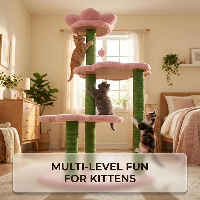 Cat Tree for Large Cats, Modern Senior Friendly 40'' Cat Tower with Wide Shelves, Scratching Posts, Super Sturdy Base, Cozy Perches, and Interactive Toys for Indoor Kittens (Pink)