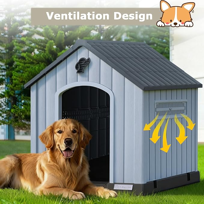 PUKAMI Large Dog House Outdoor Indoor, Plastic Dog House Weatherproof for Large Dogs, Sturdy Puppy Shelter with Air Vents and Elevated Floor, Easy Clean and Assemble (Grey, 37.2" D x 40" W x 40" H)