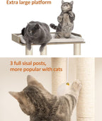 FourFurPets 26.7in Large Cat Tree Tower Condo, Cat Scratch Posts for Indoor Cats, Big Plate, Three 23.6in Full Sisal Scratching Posts, Greige