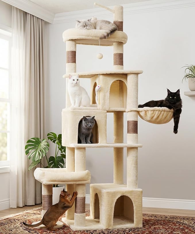 Heavy Duty Cat Tree for Indoor Cat, 74 Inch Cat Tower with Scratching Post, Hanging Basket, Cat Condo with Large Platform for Large Cats, PMT04BW, Beige