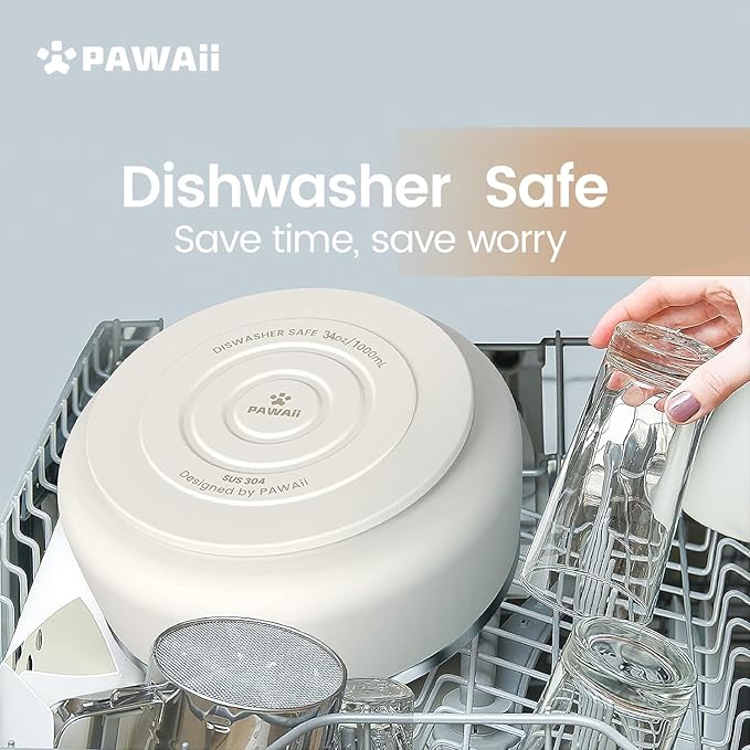Pawaii Dog Bowl, 34 oz Double-Wall Stainless Steel Food and Water Bowl, Non-Slip Rubber Base, Dishwasher Safe, ID Tag Included, (1 Pack)