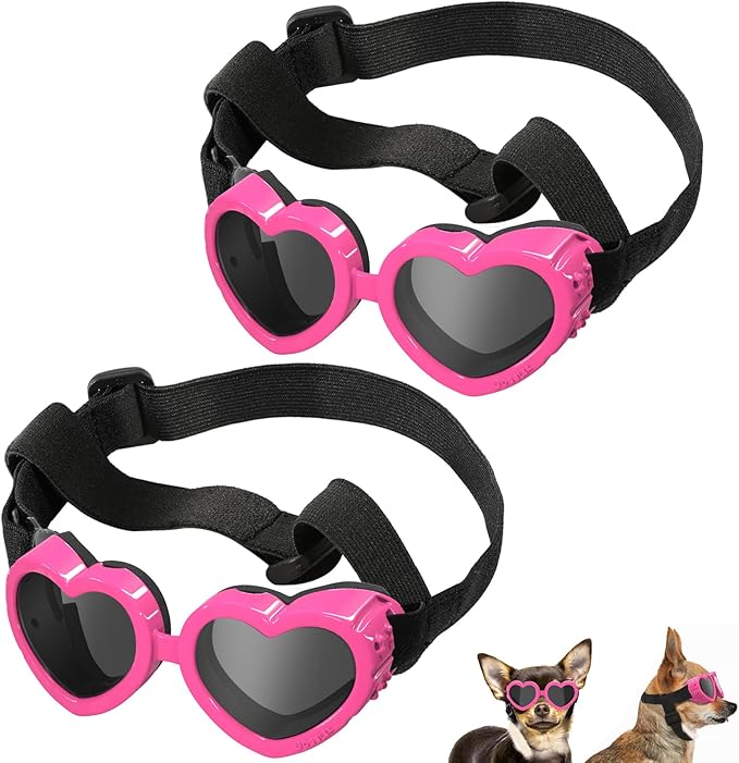 Lewondr 2 Pack Small Dog Sunglasses UV Protection Goggles Eye Wear Protection with Adjustable Strap Doggy Heart Shape Anti-Fog Sunglasses for Pet Dogs Sun Glasses Doggie Windproof Glasses, Pink