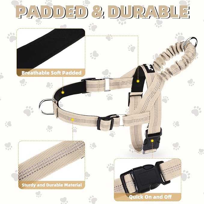 PUPTECK No Pull Dog Harness Medium Sized Dog, Adjustable Reflective Pet Vest Harness with Bungee Handle, Escape Proof No Choke Harness for Medium Dogs Walking Training, Beige L