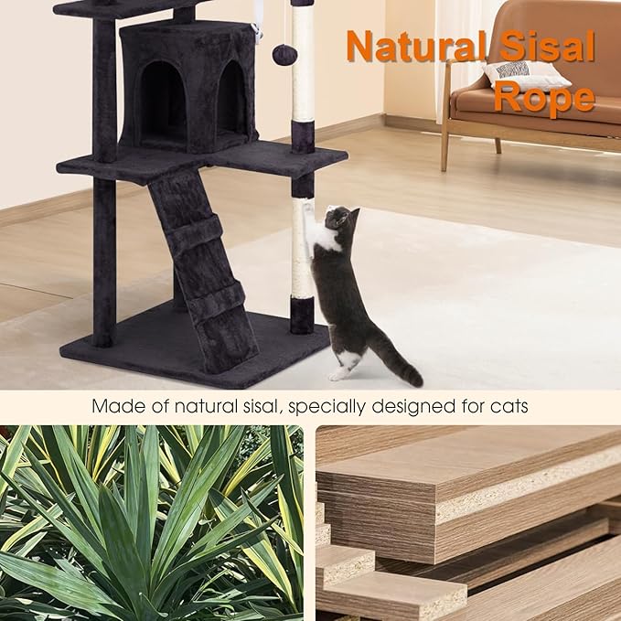 Cat Tree 69.3 inches Cat Tower for Indoor Cats Cat House with Replaceable and Removable Dangling Ball Cat Trees and Towers with Funny Toys, ASHY