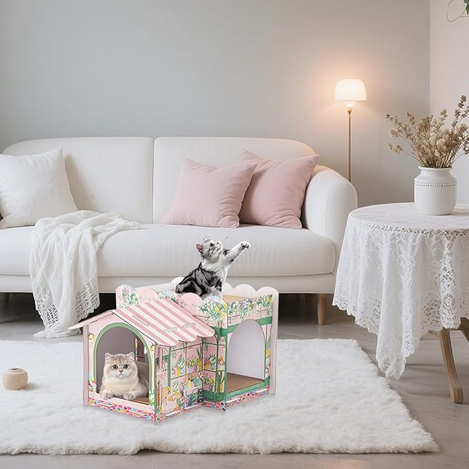 2 Story Cardboard Cat House with Scratcher Pad for Small Kitten,17x12x10 Multi Level Durable Cat Condo & Villa for Bunny Rabbit Small Animals Christmas Birthday Gift(17x12x10,Florist)