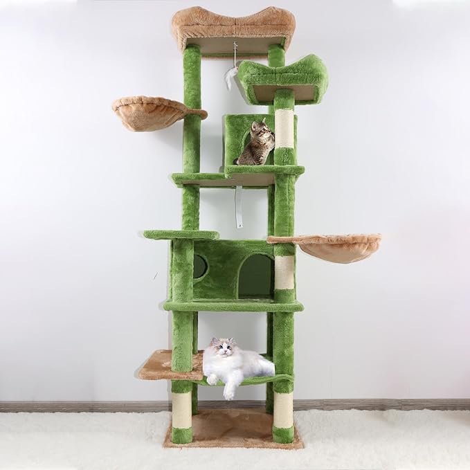 68" Green Cute Cat Tree for Indoor Cats Large Adult, Tall Cat Tower with Scratching Post & Condo, Hammock, Aesthetic Cats Stand, Modern, Easy Assembly (Green, 68" Tall)