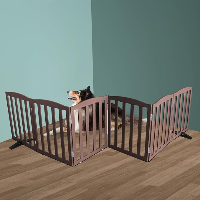 Freestanding Dog Gate Indoor,Doggie Gate Foldable Pet Gates for Doorways,Stairs or Hallways, Wooden Brown Pet Gate for the House, Pet Fence with Support Feet Included,32 "Height-6 Panels