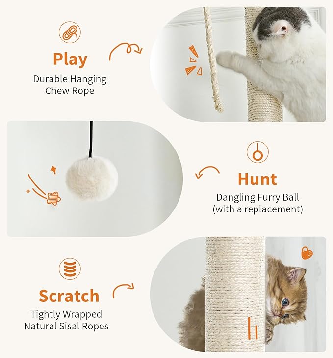 Made4Pets Cat Tree, Modern Cat Tree Tower for Indoor Cats - 65" Tall Wood Condo with Hammock, Scratching Post and Removable Pads for Small Large Cats, Beige