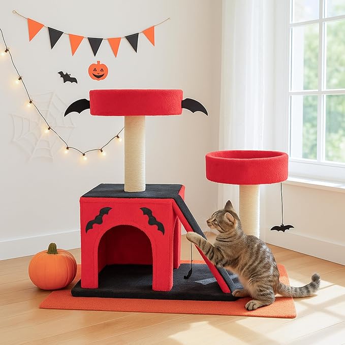 Gothic Cat Tree with Coffin Bed for Indoor Cats, 26" Gothic Cat Tree, Cat Tower with Spacious Cat Condo, 2 Padded Perches, Spider Toy, Scratching Posts, Scratching Ladder for Large Cats, Red & Black