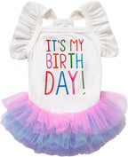 Dog Birthday Dress It's My Birthday Dog Dress Small Doggy Girl's Tutu Dresses Ruffle Sleeless Puppy Clothes Tulle Lace Skirt Pet Costume Cat Outfits (White, S(6.5-12lb))