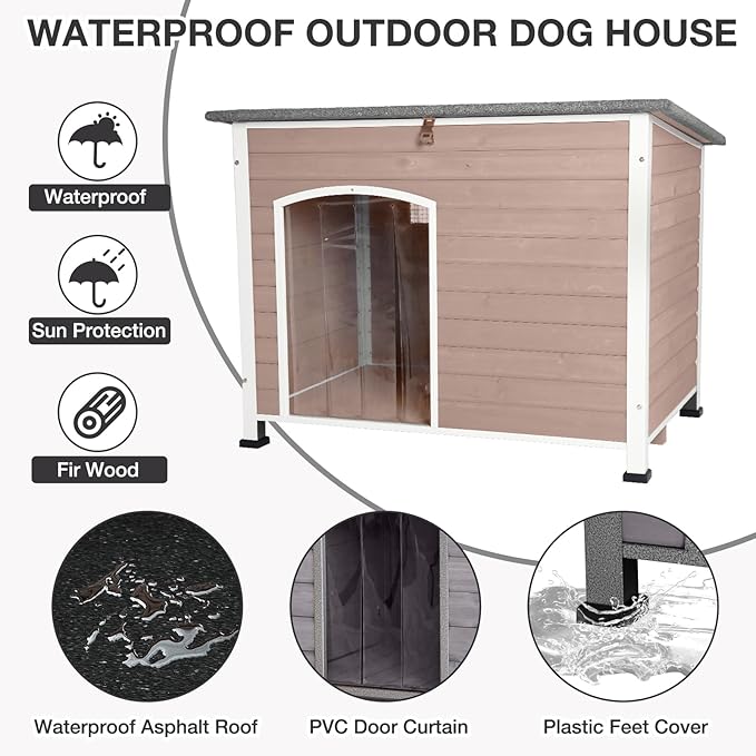 43.3’’ Large Dog House Outdoor Weatherproof Dog Kennel with Upgraded Thickened Metal Frame, Dog Shelter with PVC Curtain, Openable Roof and Removable Floor, Easy to Clean (Light Brown)