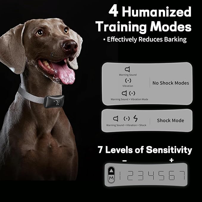 Anti-Bark Dog Training Collar, 4 Modes with 7 Sensitivity Levels, IP67 Waterproof, Rechargeable, Black