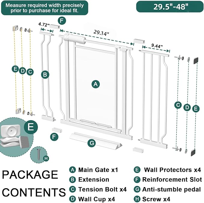 TSAYAWA Triple Lock Clear Acrylic Baby Gate 29.5"-48", Extra Wide Auto Close Dog Gate for Doorways, Pressure Mount Indoor Child Safety Barrier for Toddlers and Pets, White