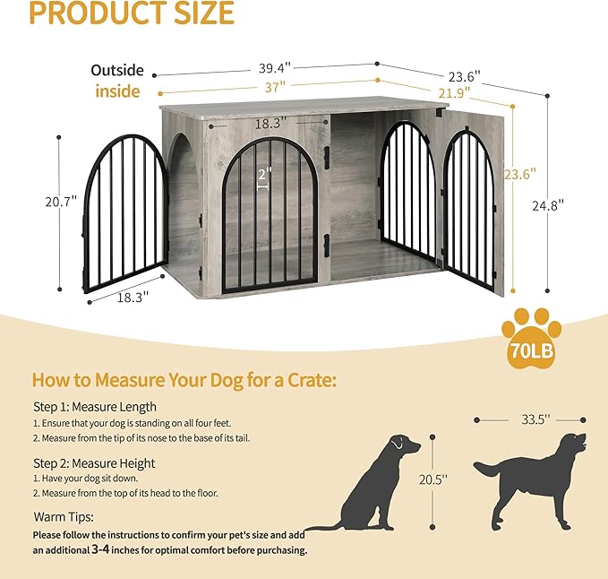 39.4" Wooden Dog Crate Furniture, Indoor Dog Kennel Dogs Cage for Small/Medium/Large Dogs, Heavy Duty Dog Crates Decorative Pet House End Side Table TV Stand, Greige Black DFC84105B