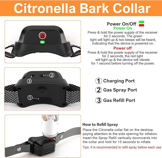 Citronella Training Collar for Dog [1* Citronella Refill] Spray Dog Collar with Beep/Vibration/Spray 4 Mode & 6 Adjustable Sensitivities, IPX7 Waterproof Dog Collar for L/M/S Dogs