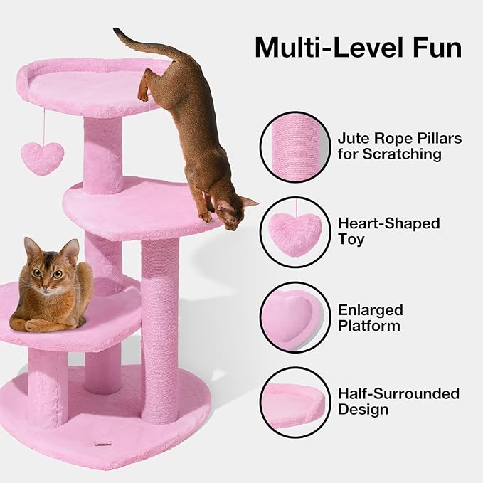 VETRESKA 40 inches Cat Tree for Indoor Cats, Multi Level Cat Tower with Cat Scratching Post, Cute Cat Climbing Tree with Dangling Toy for Cats, Pink