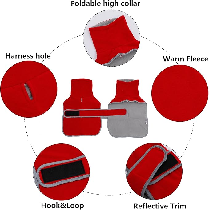 Geyecete Dachshund Sweater - Padded Fleece Dog Jacket for Winter, Dachshund Coat with High Collar, Red, S