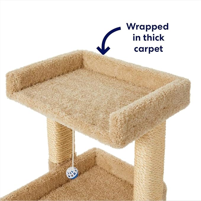 BEXEN 32-in Real Carpet Wooden Cat Tree with Toy: Double-Decker, Sturdy Wood, Plush Carpet, sisal Scratching Posts, Fully Assembled, Engaging Play