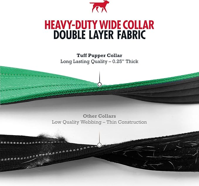 Tuff Pupper Heavy Duty Tactical Dog Collar | 1.25" Wide Ballistic Nylon | Reflective Stitching | Integrated ID Tag Holder | Stainless Steel Buckle | Padded Lining | Small & Medium Dogs (Green, Small)