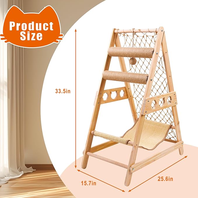 Cat Tree Ladder, Ladder Cat Tree with Hammock Scratching Post Climbing Web and Danging Sisal Ball, Cat Ladders Can Accommodate Multiple Cats and Can be Removed by The Window