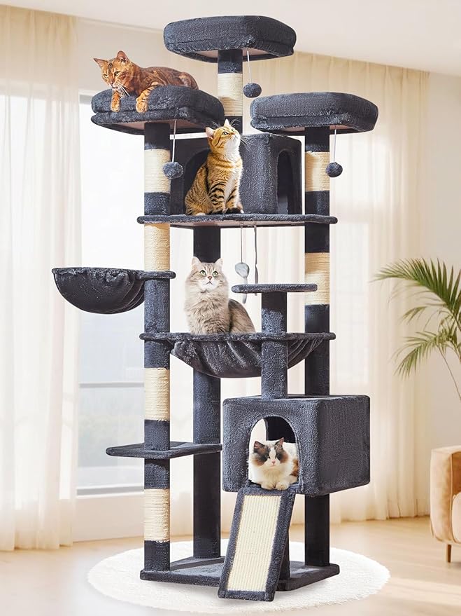 Taoqimiao 76-Inch Cat Tree XXL for Large Cats, Giant Cat Tower with Scratching Board, Extra-Large Metal Hammock, 3 Perches, 7 Sisal Posts, 2 Big Condos, Hanging Basket, Smoky Gray, MS047G