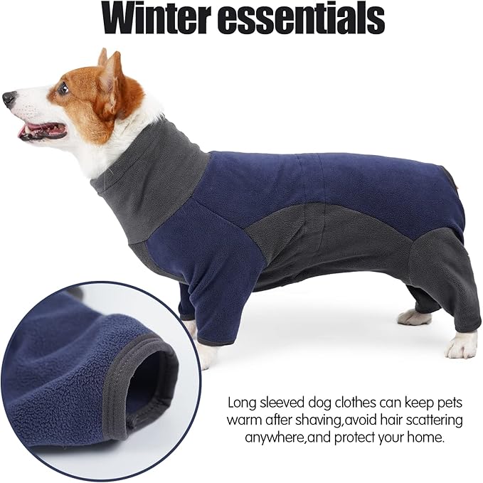 Dog Winter Coat Soft Warm Dog Pajamas Windproof Fleece Dog Sweatshirt Cold Weather Clothes for Dog Dog High Neck Full Body Onesie for Walking, Hiking,Travel,Home Wear,Blue Grey XL