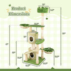 Tangkula 63 Inch Tall Cat Tree, Cute Green Cat Tower with 2 Condos, Plush Top Perch, 2 Basket Beds, Sisal Scratching Posts, 2 Dangling Balls, Slide Platform, Large Aesthetic Cat Tree for Indoor Cats