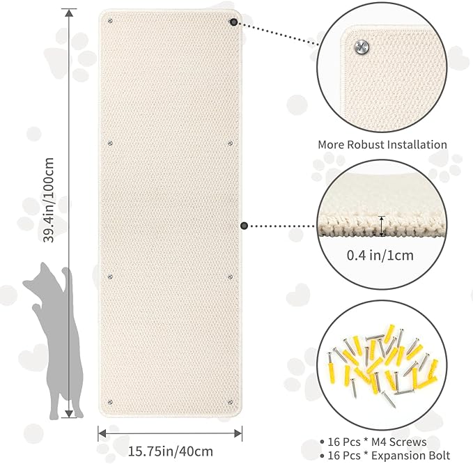 FHTONGE 39.4x15.8 Thickened Cat Wall Climbing Carpet with 16 Fixed Nails, Extra Large Tall Cat Scratch Pad for Wall, Wall Mounted Climbing Cat Scratcher for Furniture Couch Sofa Protector(MilkyWhite)