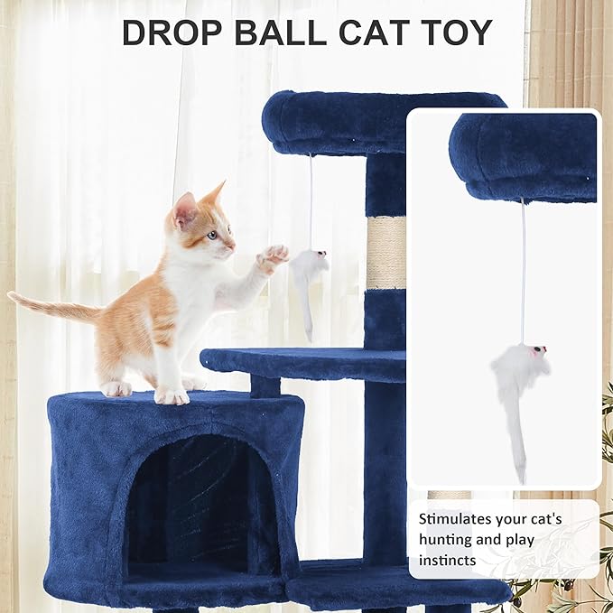 36-Inch Ergonomic Cat Activity Tower with Sisal-Wrapped Columns & Toys - Modular Design Saves Floor Space While Providing 3-Tier Vertical Play Zones for Multiple Indoor Cats（Navy Blue）