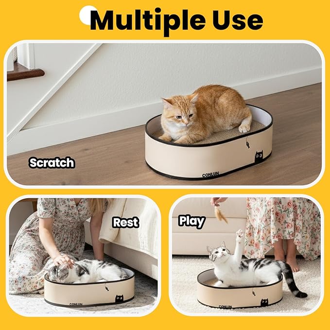 Cat Scratcher Box with 4 Cat Scratching Board Reversible Cat Scratch Pad, Heavy Duty Corrugated Cardboard Cat Bed Lounger Cat Scratchers for Indoor Cats, Protects Furniture,Kittens Gifts-Large