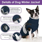 SUNFURA Small Dog Coat with Harness Built in, Warm Dog Jacket Winter with Zipper On Back, Waterproof Pet Snow Jacket Snowsuit Pet Sweater Clothes for Puppy, Blue XS