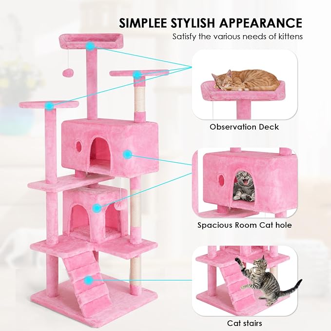 Cat Tree 53 inches Cat Tower for Indoor Cats Cat House with Replaceable and Removable Dangling Ball Cat Trees and Towers with Funny Toys, Pink