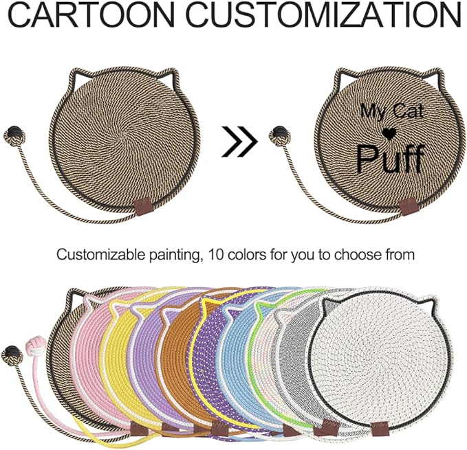 Personalized Cat Scratcher Mat, Customized with Name Text Natural Cotton Rope Round Horizontal Cat Scratching Pads with Ball Toy, Cat Furniture Protector for Wall, Couch, Carpets, Sofa (Chocalate)