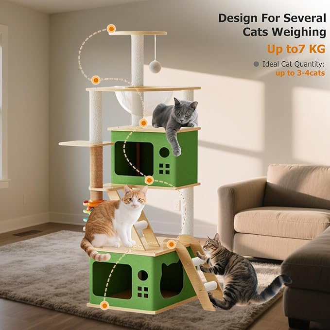 Large Cat Tree,137 Tall Wooden Cat Tower with 2 Spacious Caves,Transparent Space Capsule,8 Fully Scratching Posts and Natural Wood Posts, Kitty Condo with Multi-Layer Platform