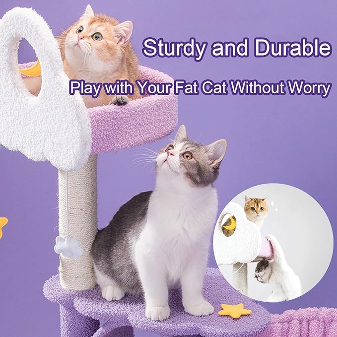 Multi-Level Cat Tower with Comfortable Plush Resting Platform, Purple Pink Cat Condos with Scratching Post and Pompom Ball Toy