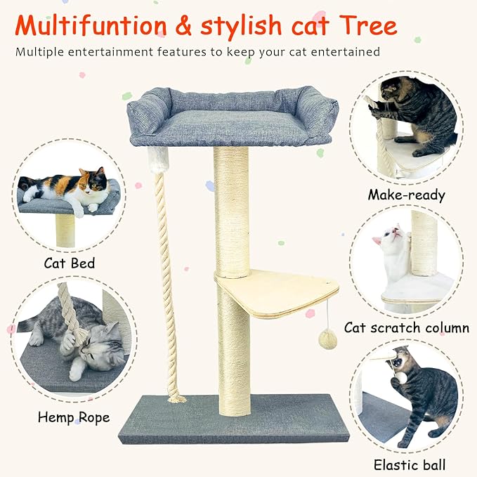 35" Cat Tree Tower for Indoor Cats, Tall Cat Scratching Post with Large Bed for Maine Coon Big Cats, Sisal Cat Scratcher with Soft Perch & Hammock, Stable Cat Stand, Gray