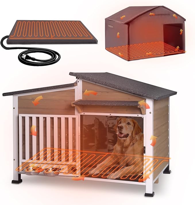 GUTINNEEN Large Heated Dog House Outdoor Insulated Dog Kennel Weatherproof Dog Shelter with Safe Heating Pad, Thermal Liner, Rotatable Spill-Proof Bowl for Large Dog Breeds, 39.7"L x 25.5"W x 32.2"H
