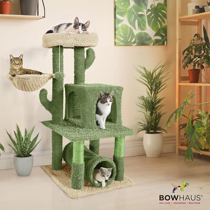 Cactus Cat Tower for Indoor Cats, Cute 40-Inch Small Cactus Cat Tree w/Widened Perch for Large Cats & Kittens, Multi-Level Cat Activity Tree w/Scratching Post, Tunnel, Basket, Cat Cave Condo