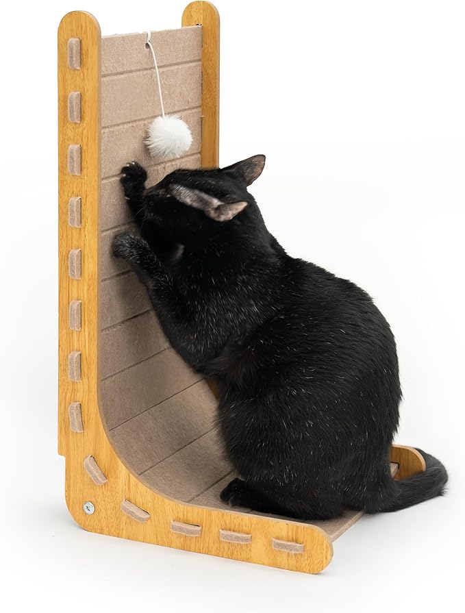 Cattasaurus Claw-Resistant L-Shaped Cat Scratcher, Premium 9mm Felt Wall Mount, 24" Height with Dangling Ball Toy, Vertical Scratching Post, Easy Assembly (Beige)
