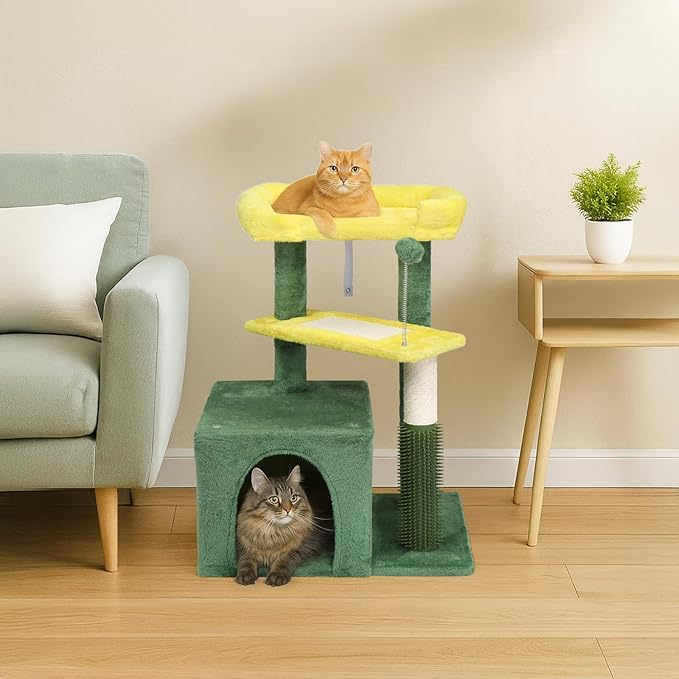 Outvita Cat Tree 27.5in Small Cat Tower, Multi-Level Cat Tree Tower with Cat Scratching Post and Pad, Cozy Cat Condo, Padded Top Bed for Kittens and Indoor Cats, Yellow & Green