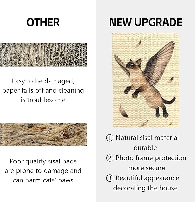 Wall Art Cat Scratcher Mat - Sisal Vertical Cat Scratch Pad with Photo Frame Design, No-Drill Wall-Mounted, 16"x12" Wall & Couch Cat Scratching Mat, 1 Extra Mat Included Free (Winged Cat)