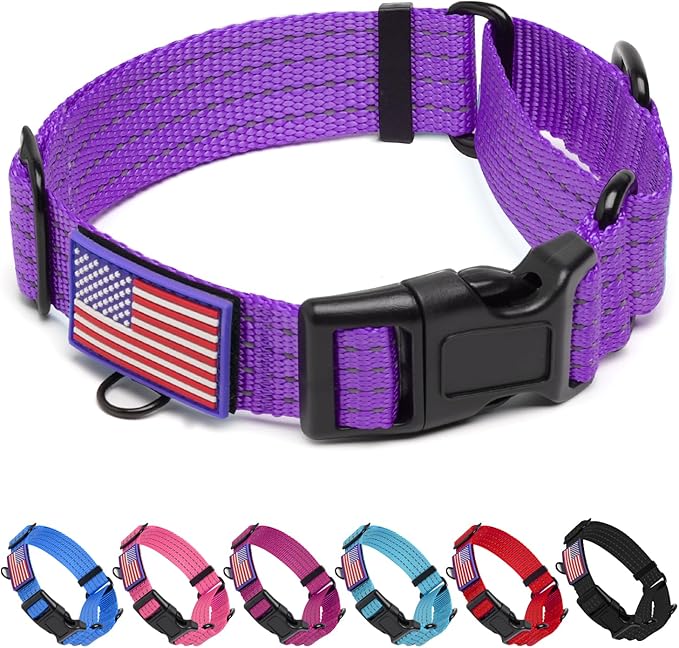 Martingale Dog Collar, Reflective No Pull Training Collar with Quick Release Buckle & USA Flag, Heavy-Duty Nylon, Adjustable for Small Medium Large Dogs (M,Purple