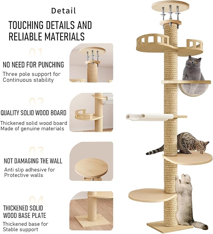 Tall Ceiling Cat Tree, Height Adjustable 6-Tier Hemp Scratching Post for Indoor and Outdoor Use - Sturdy Cat Activity Tower for Large Cats 1 Set 1 Set