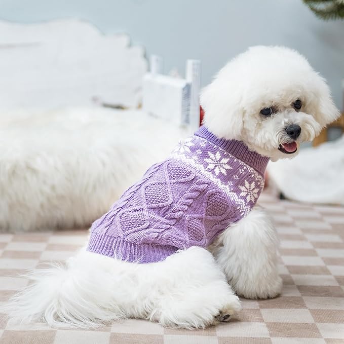 Warm Winter Pink Dog Sweater - Cold Weather Pet Clothes for Small Medium Large Dogs Indoor Outdoor, Soft Classic Knit Puppy Apparel Coat, Purple, XS