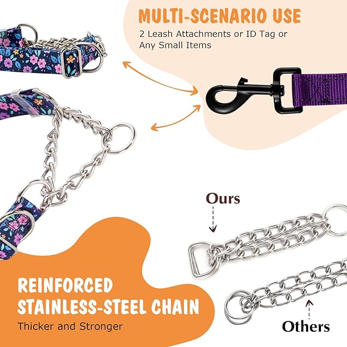 Choker Martingale Collar for Dog, No Pull Slip Chain Collar Training Escape Proof Heavy Duty Dog Collar for Extra Large Medium Large Pet Girl Female Dogs, Purple Floral L